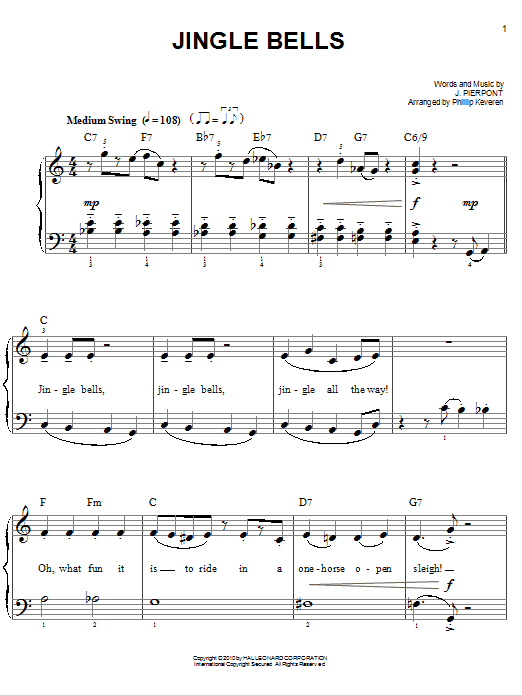 J. Pierpont Jingle Bells [Jazz version] (arr. Phillip Keveren) sheet music notes and chords. Download Printable PDF.