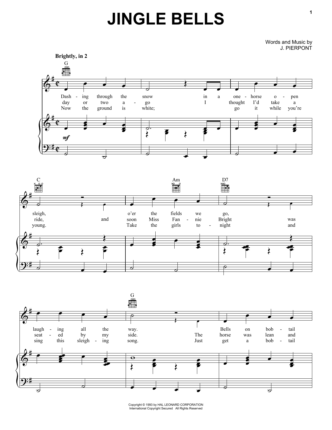 J. Pierpont Jingle Bells sheet music notes and chords arranged for Easy Piano