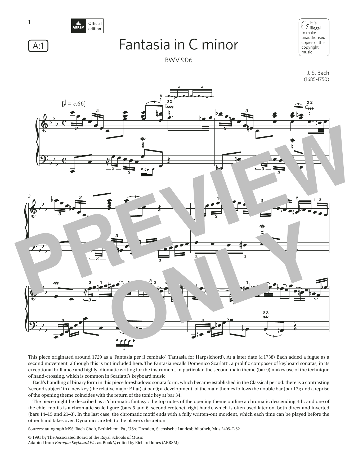 J. S. Bach Fantasia in C minor (Grade 8, list A1, from the ABRSM Piano Syllabus 2021 & 2022) sheet music notes and chords. Download Printable PDF.