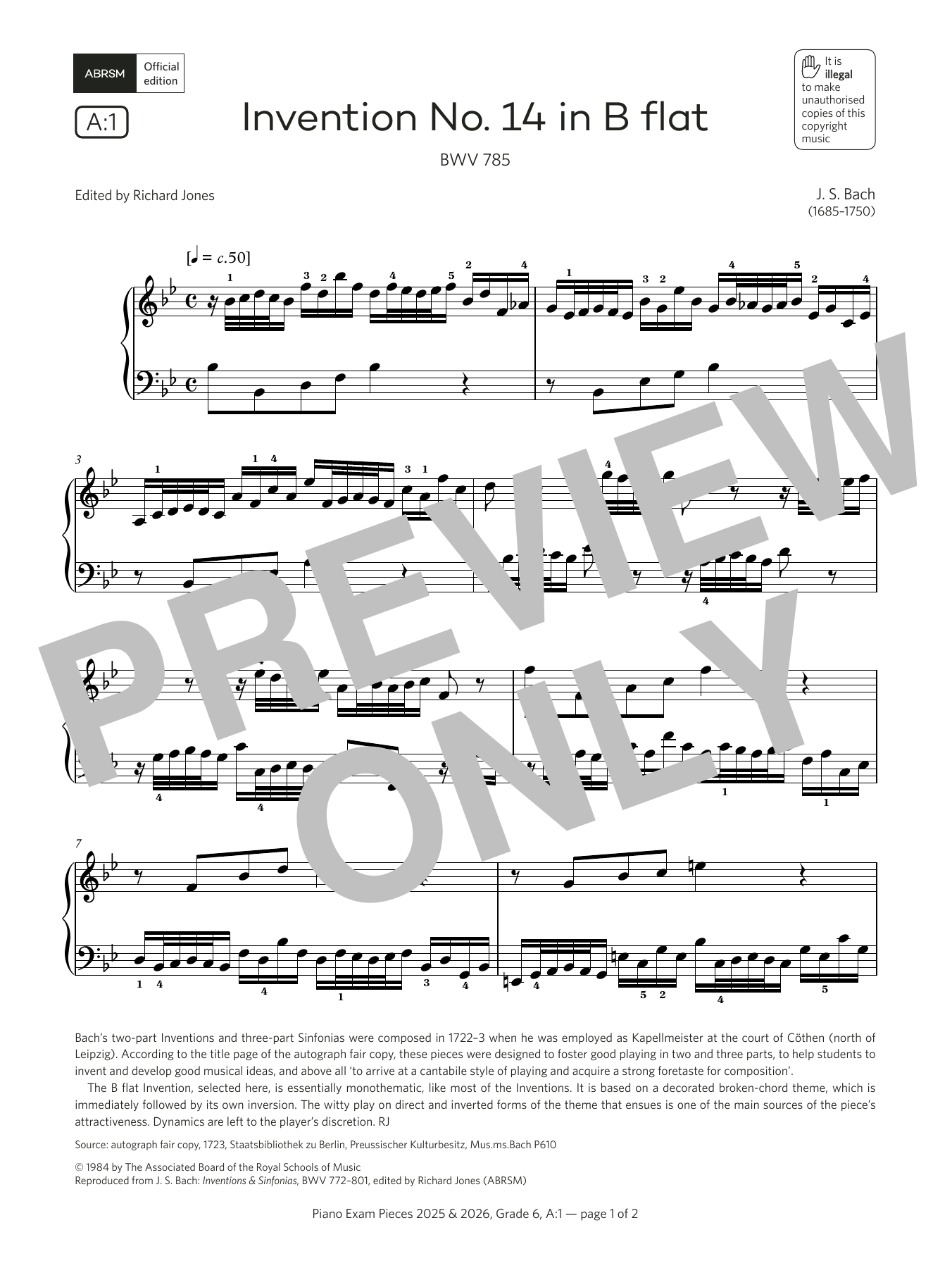 J. S. Bach Invention No. 14 in B flat (Grade 6, list A1, from the ABRSM Piano Syllabus 2025 & 2026) sheet music notes and chords. Download Printable PDF.