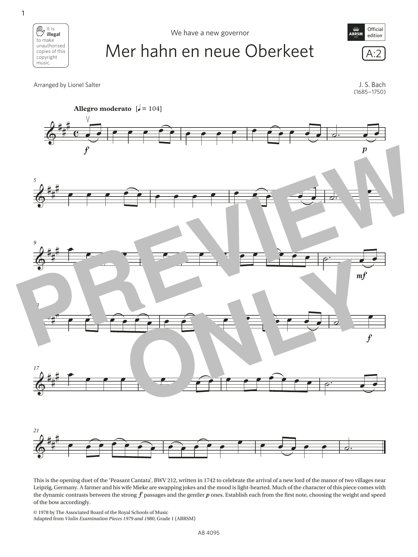 J. S. Bach Mer hahn en neue Oberkeet (Grade 1, A2, from the ABRSM Violin Syllabus from 2024) sheet music notes and chords. Download Printable PDF.