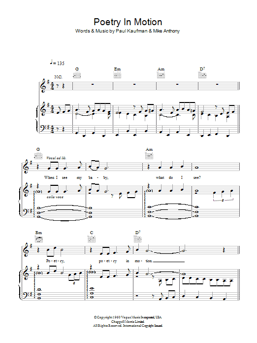 Learn to play Johnny Tillotson Poetry In Motion sheet music for Piano, Vocal & Guitar Chords in minutes. Price: 7.8900$ Johnny Tillotson Poetry In Motion sheet music notes and chords arranged for Piano, Vocal & Guitar Chords
