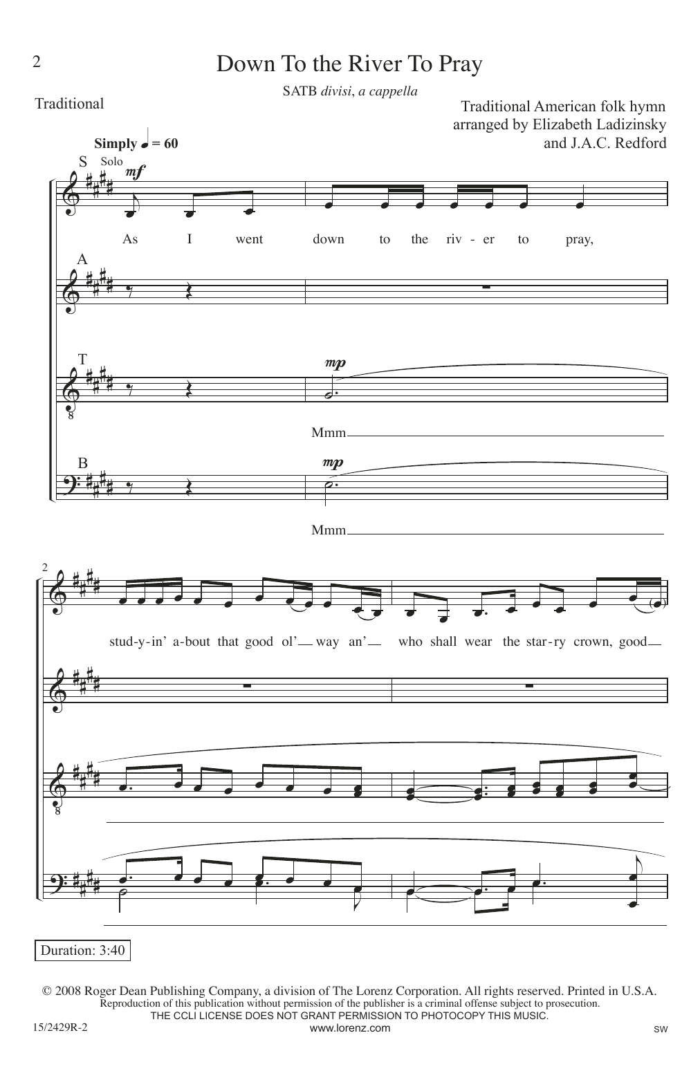 J.A.C. Redford Down To The River To Pray sheet music notes and chords. Download Printable PDF.