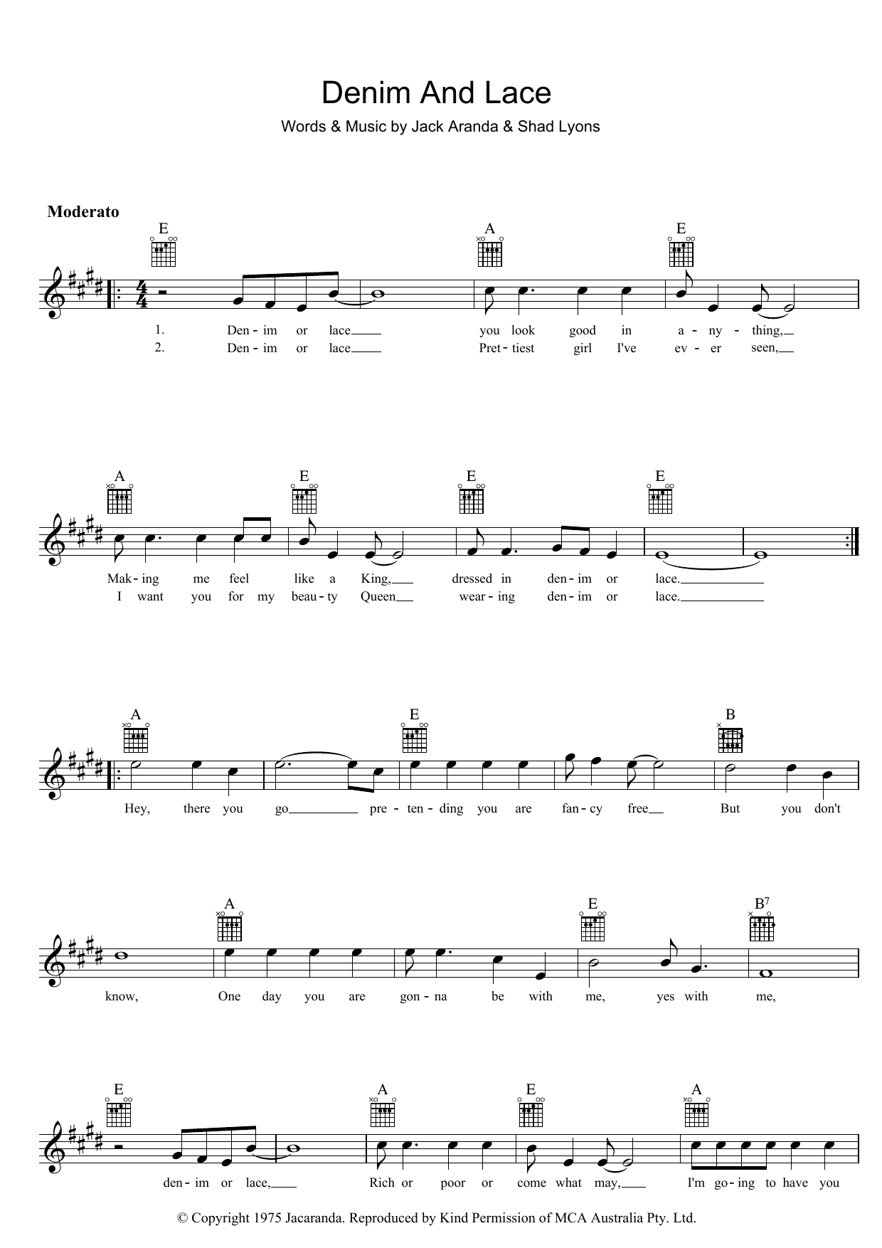 Jack Aranda Denim And Lace sheet music notes and chords. Download Printable PDF.