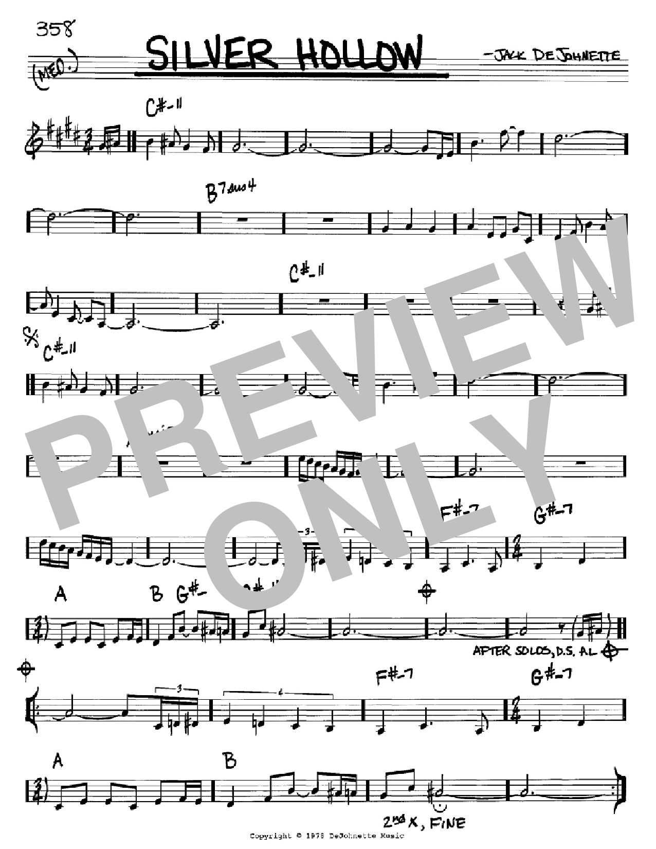 Learn to play Jack DeJohnette Silver Hollow sheet music for Real Book – Melody & Chords – Bass Clef Instruments in minutes. Price: 5.9900$ Jack DeJohnette Silver Hollow sheet music notes and chords arranged for Real Book – Melody & Chords – Bass Clef Instruments