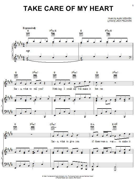 Learn to play Alan Menken Take Care Of My Heart sheet music for Piano, Vocal & Guitar Chords (Right-Hand Melody) in minutes. Price: 7.8900$ Alan Menken Take Care Of My Heart sheet music notes and chords arranged for Piano, Vocal & Guitar Chords (Right-Hand Melody)