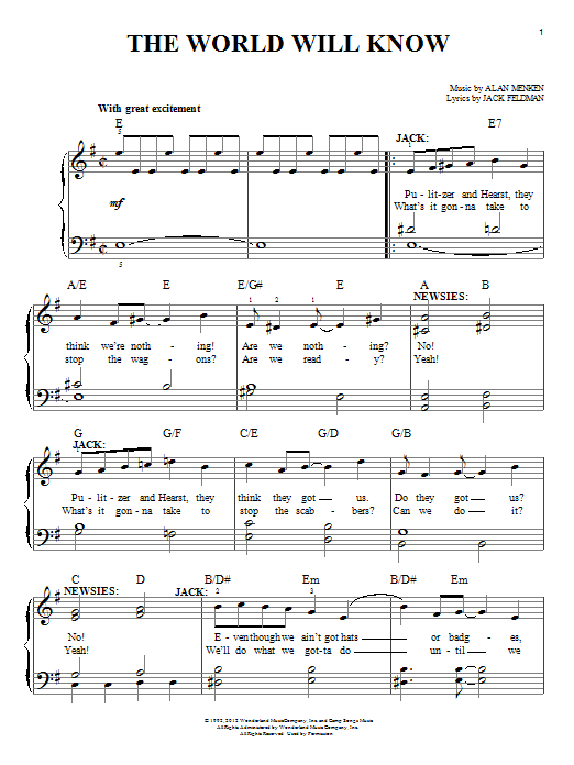 Alan Menken The World Will Know (from Newsies) sheet music notes and chords. Download Printable PDF.