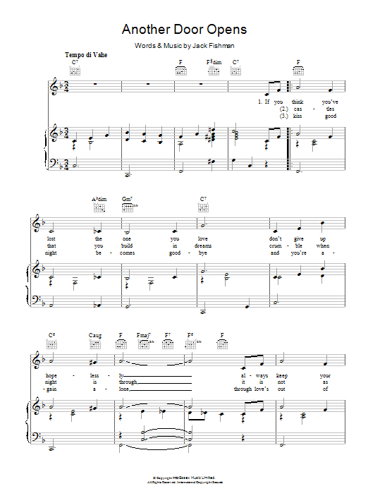 Learn to play Jack Fishman Another Door Opens sheet music for Piano, Vocal & Guitar Chords in minutes. Price: 7.8900$ Jack Fishman Another Door Opens sheet music notes and chords arranged for Piano, Vocal & Guitar Chords