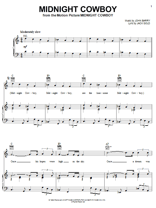 Learn to play Jack Gold Midnight Cowboy sheet music for Piano, Vocal & Guitar Chords (Right-Hand Melody) in minutes. Price: 7.8900$ Jack Gold Midnight Cowboy sheet music notes and chords arranged for Piano, Vocal & Guitar Chords (Right-Hand Melody)