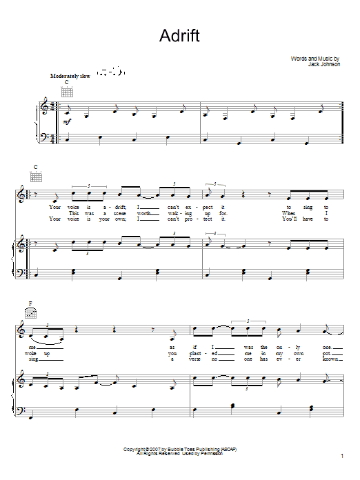 Learn to play Jack Johnson Adrift sheet music for Piano, Vocal & Guitar Chords (Right-Hand Melody) in minutes. Price: 7.8900$ Jack Johnson Adrift sheet music notes and chords arranged for Piano, Vocal & Guitar Chords (Right-Hand Melody)