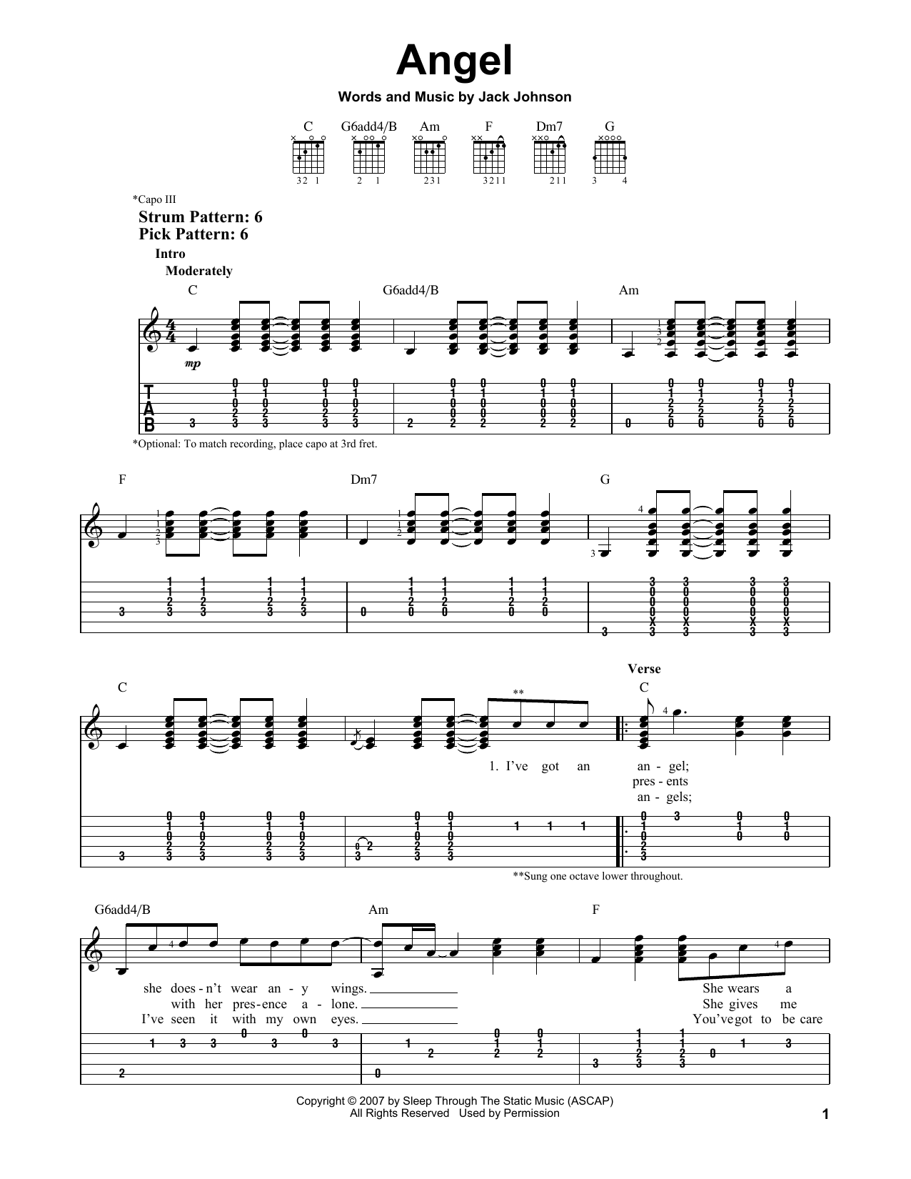 Jack Johnson Angel sheet music notes and chords. Download Printable PDF.