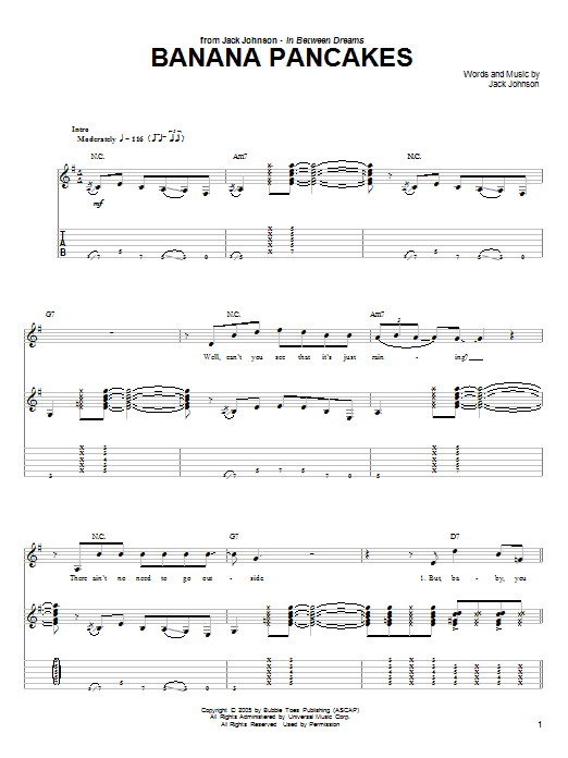 Jack Johnson Banana Pancakes sheet music notes and chords. Download Printable PDF.