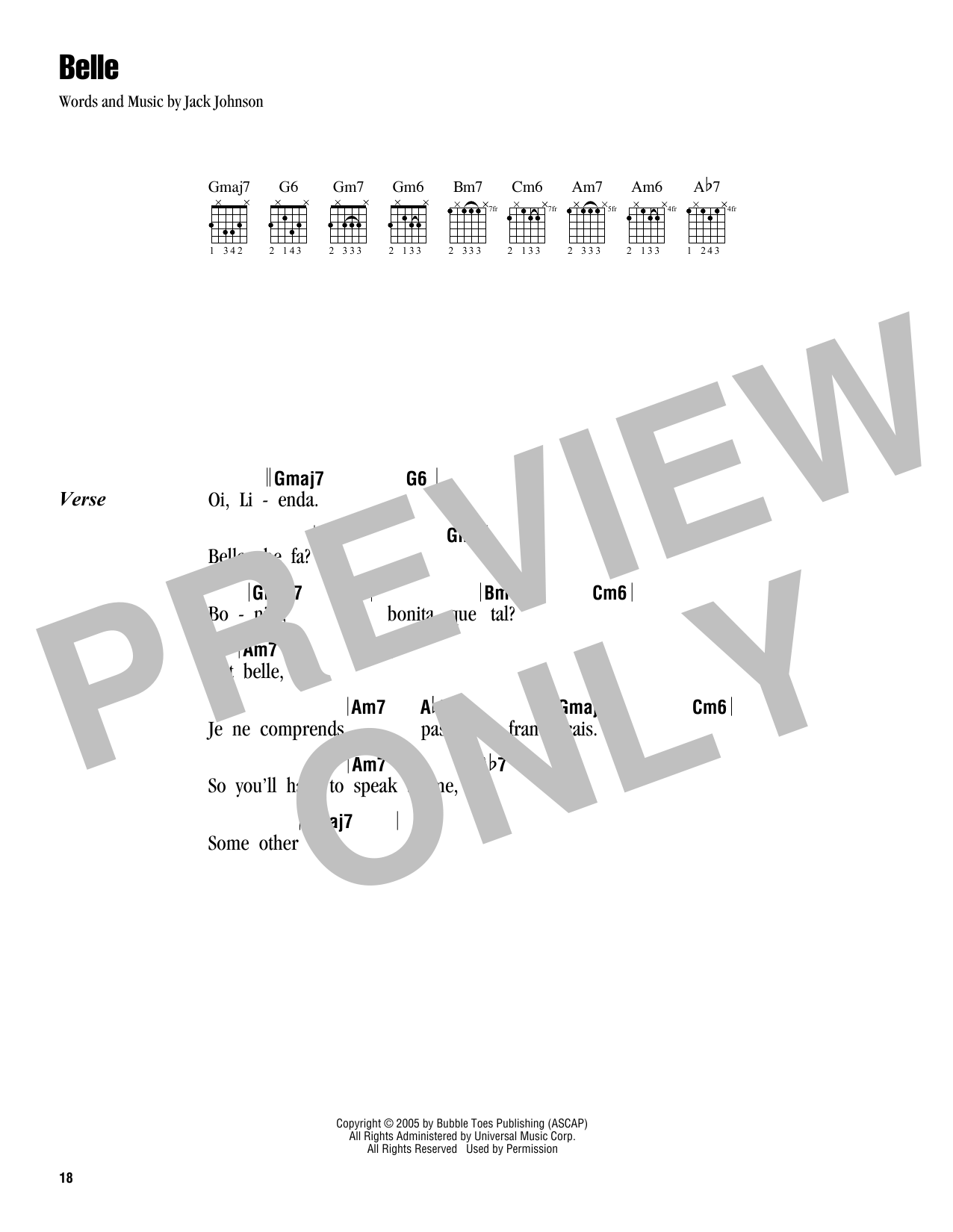 Jack Johnson Belle sheet music notes and chords. Download Printable PDF.