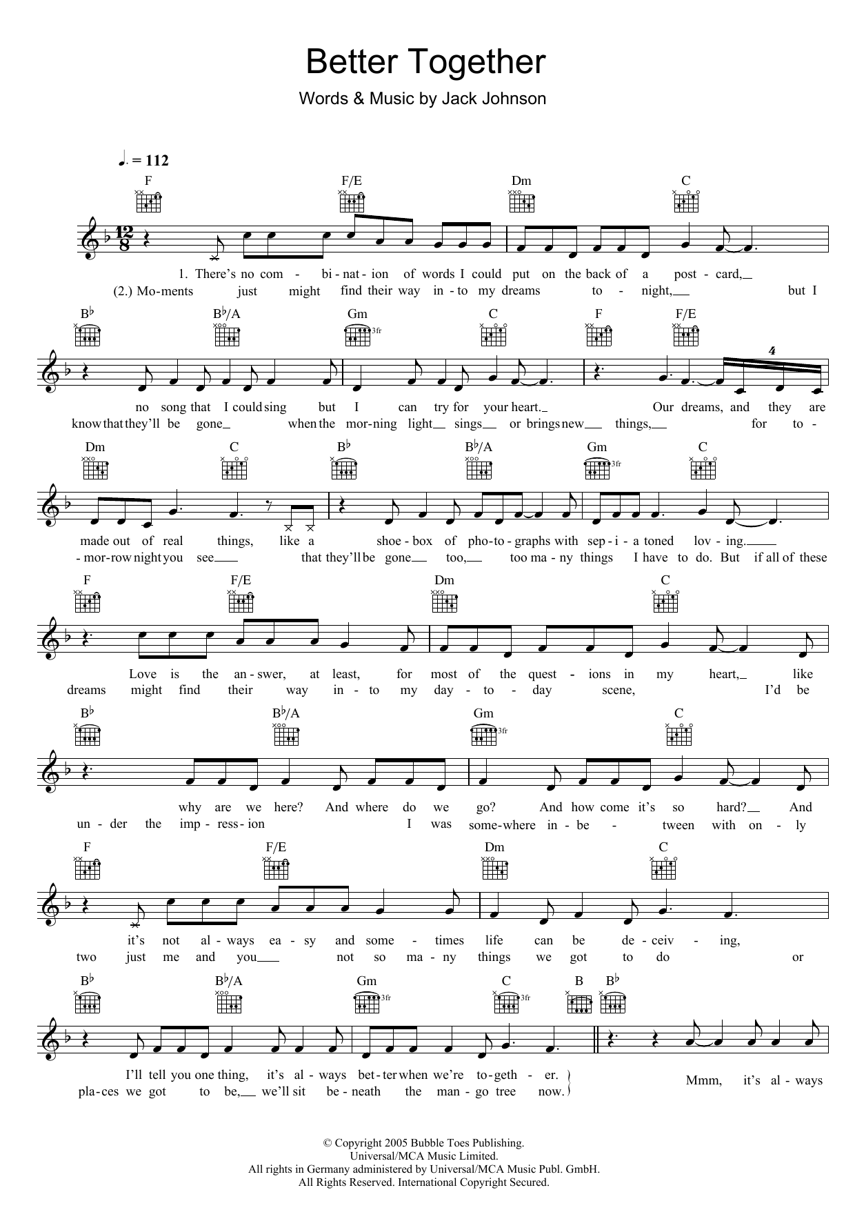 Jack Johnson Better Together sheet music notes and chords. Download Printable PDF.