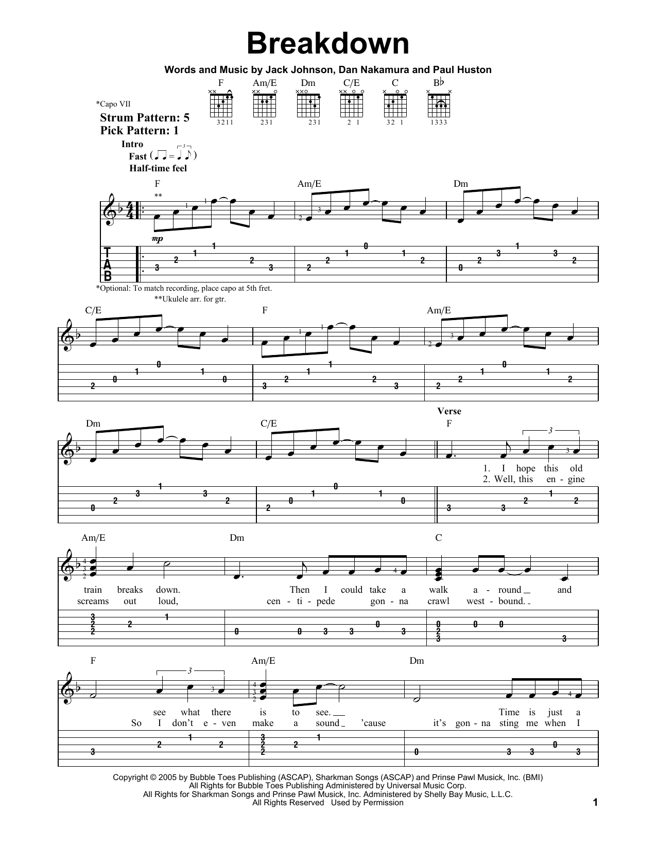 Jack Johnson Breakdown sheet music notes and chords. Download Printable PDF.