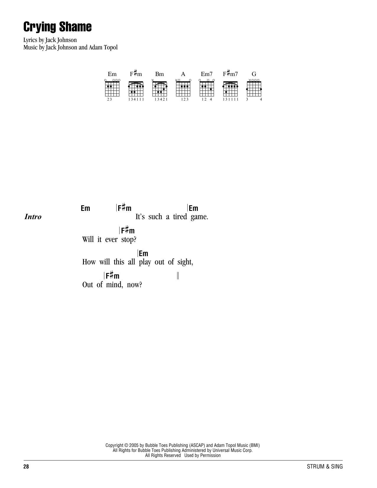 Jack Johnson Crying Shame sheet music notes and chords. Download Printable PDF.