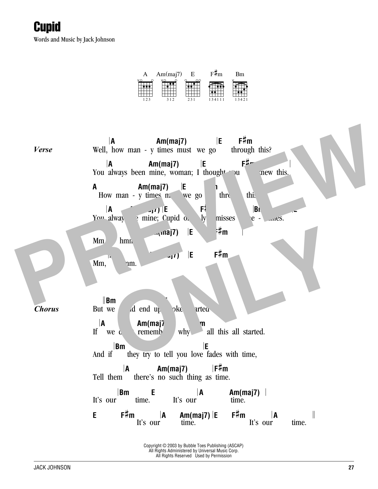 Jack Johnson Cupid sheet music notes and chords. Download Printable PDF.