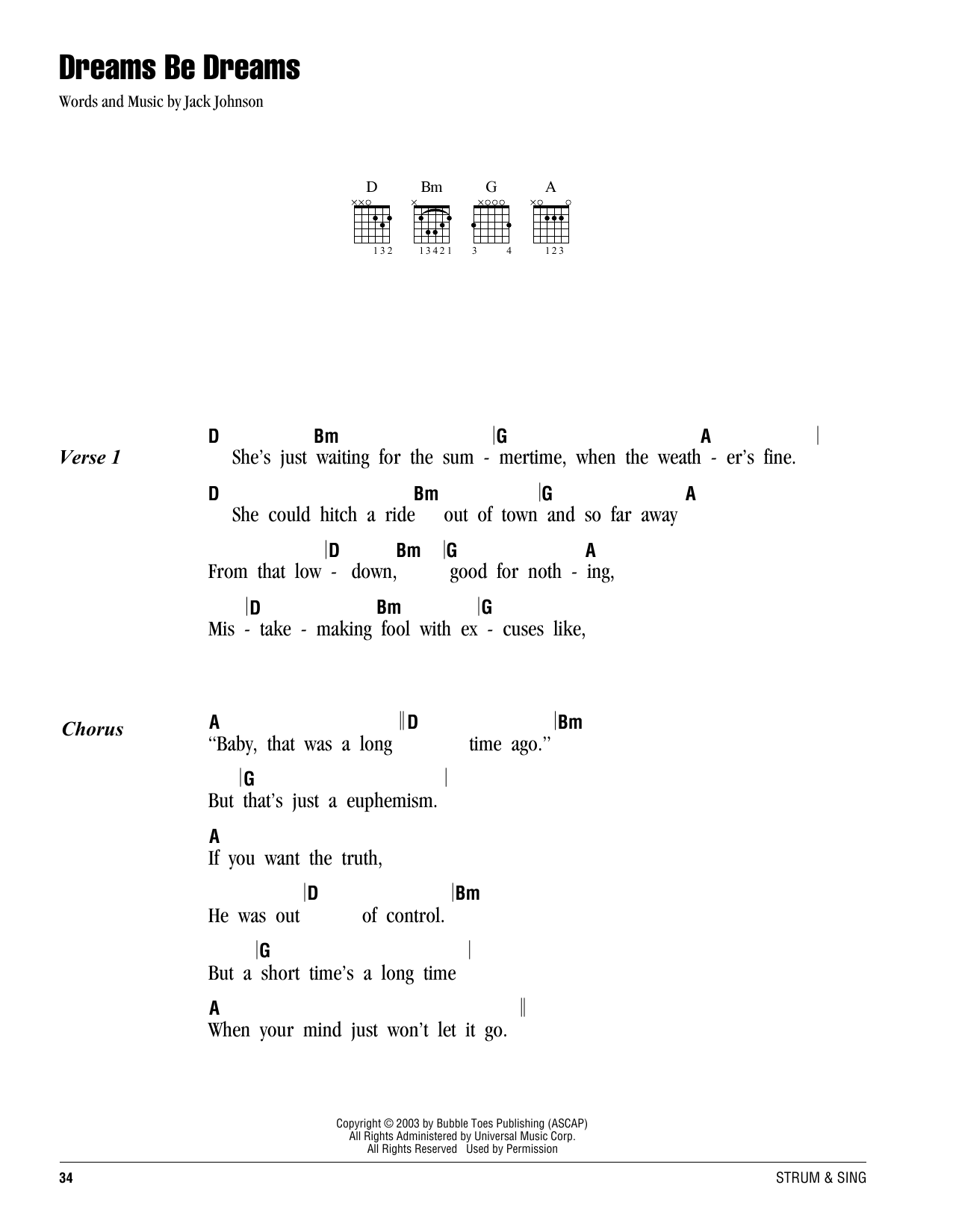 Jack Johnson Dreams Be Dreams sheet music notes and chords arranged for Ukulele Chords/Lyrics