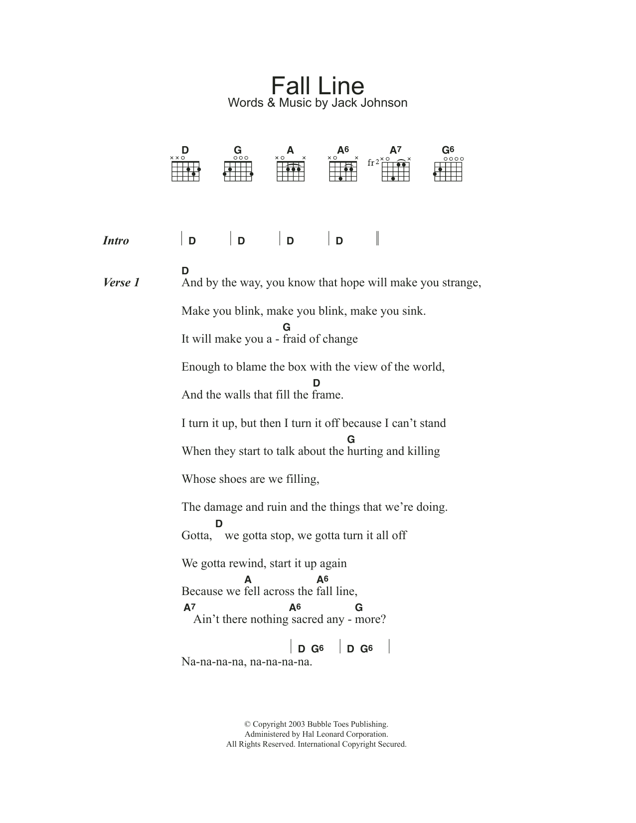 Jack Johnson Fall Line sheet music notes and chords. Download Printable PDF.