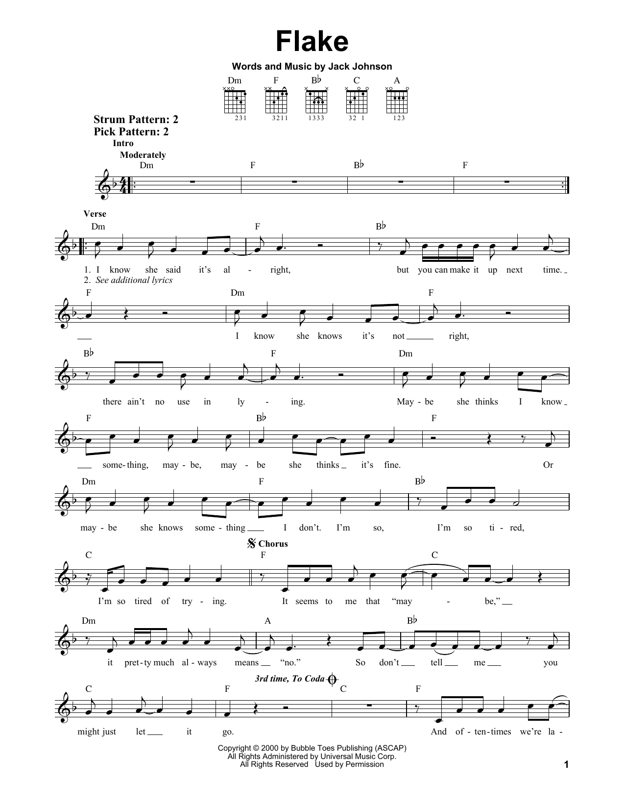 Jack Johnson Flake sheet music notes and chords. Download Printable PDF.