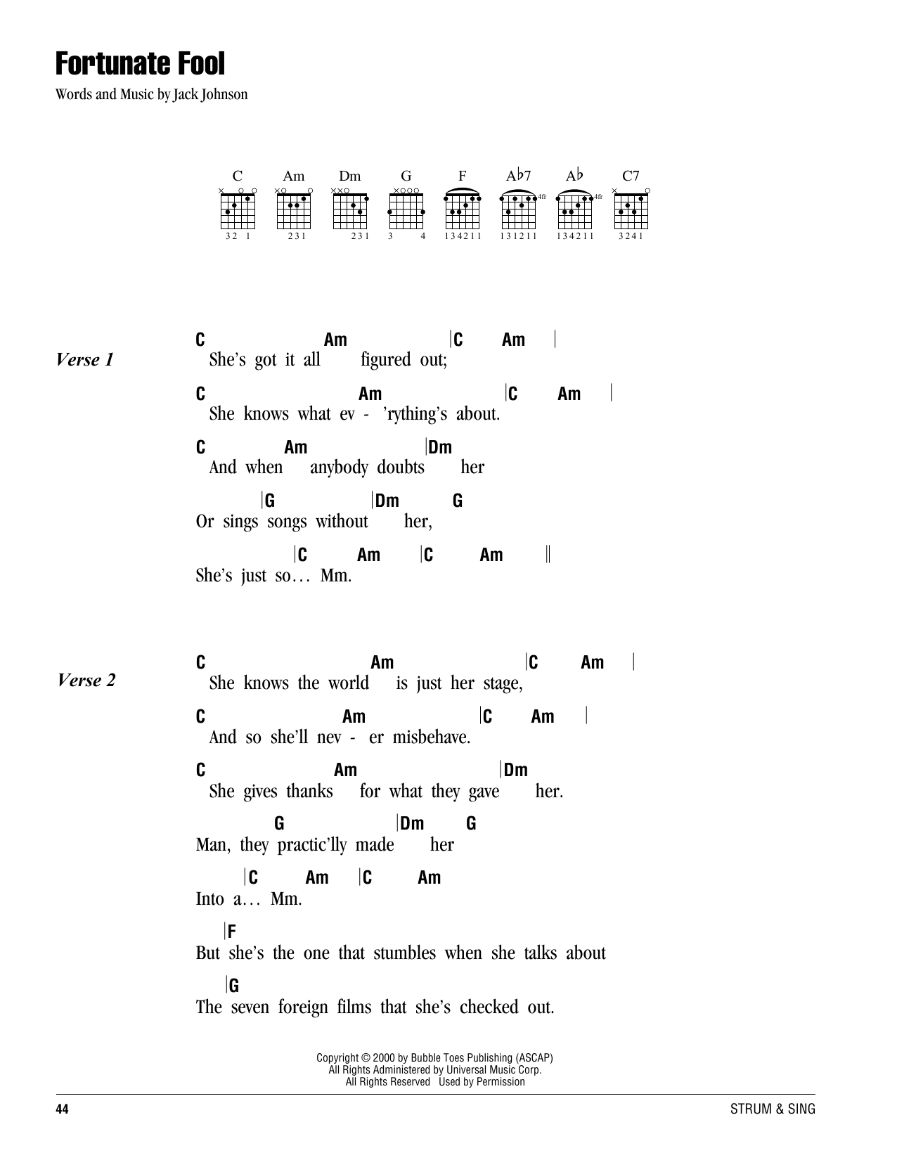 Jack Johnson Fortunate Fool sheet music notes and chords. Download Printable PDF.