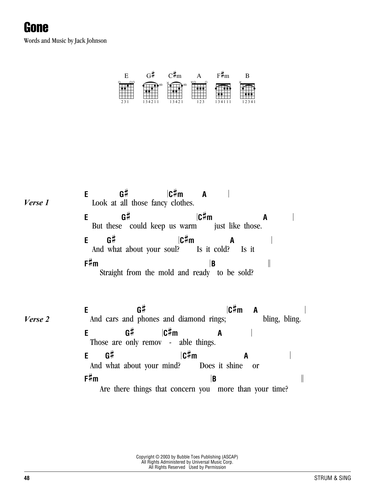 Jack Johnson Gone sheet music notes and chords. Download Printable PDF.