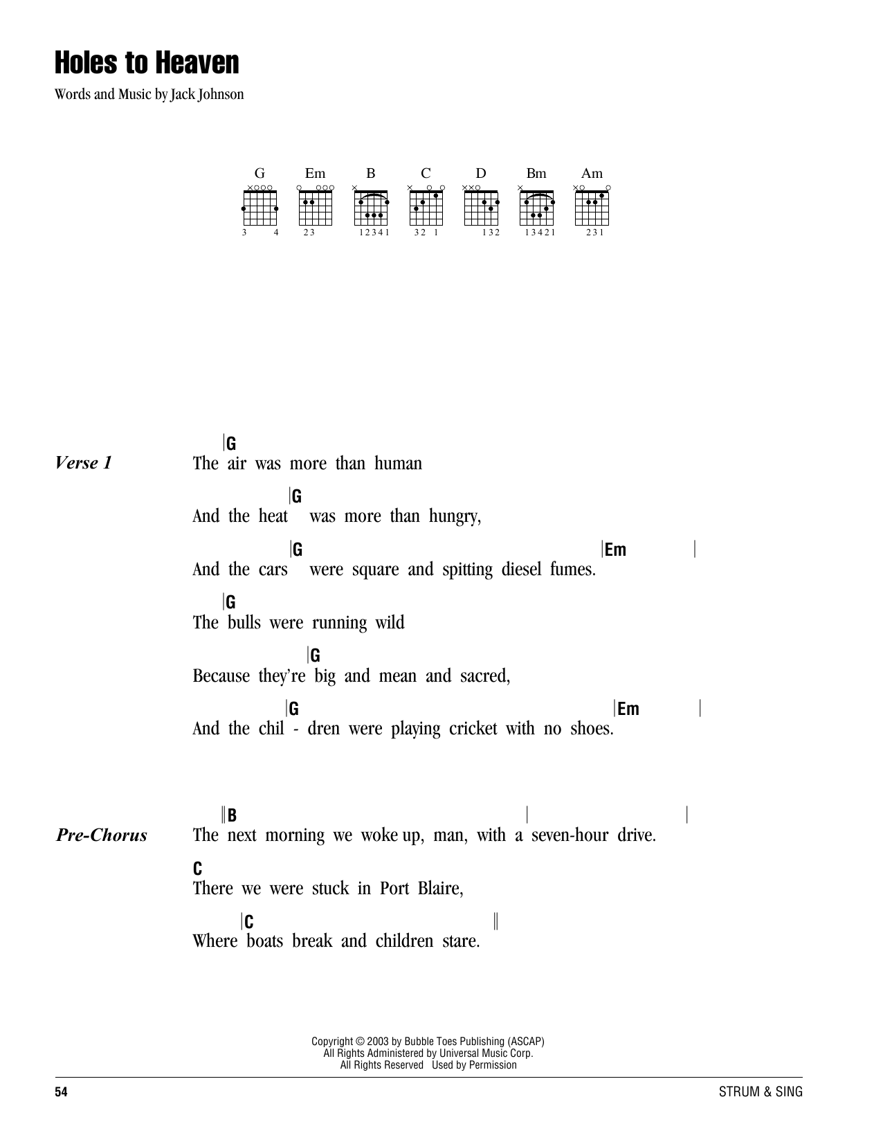 Jack Johnson Holes To Heaven sheet music notes and chords. Download Printable PDF.