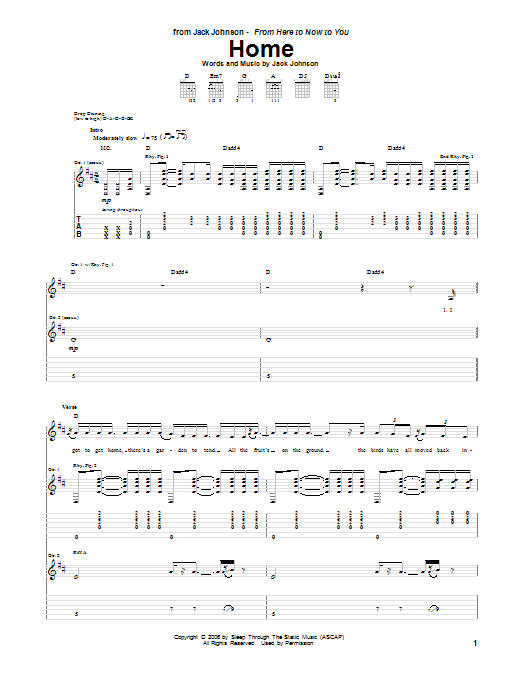 Learn to play Jack Johnson Home sheet music for Guitar Tab in minutes. Price: 7.8900$ Jack Johnson Home sheet music notes and chords arranged for Guitar Tab