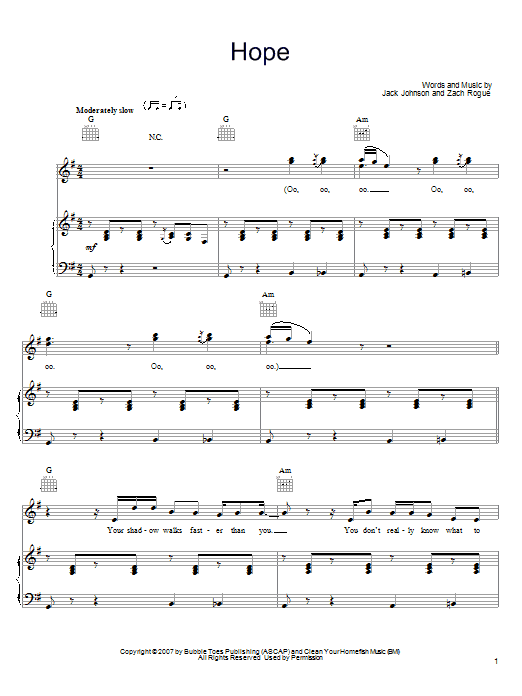 Learn to play Jack Johnson Hope sheet music for Piano, Vocal & Guitar Chords (Right-Hand Melody) in minutes. Price: 7.8900$ Jack Johnson Hope sheet music notes and chords arranged for Piano, Vocal & Guitar Chords (Right-Hand Melody)