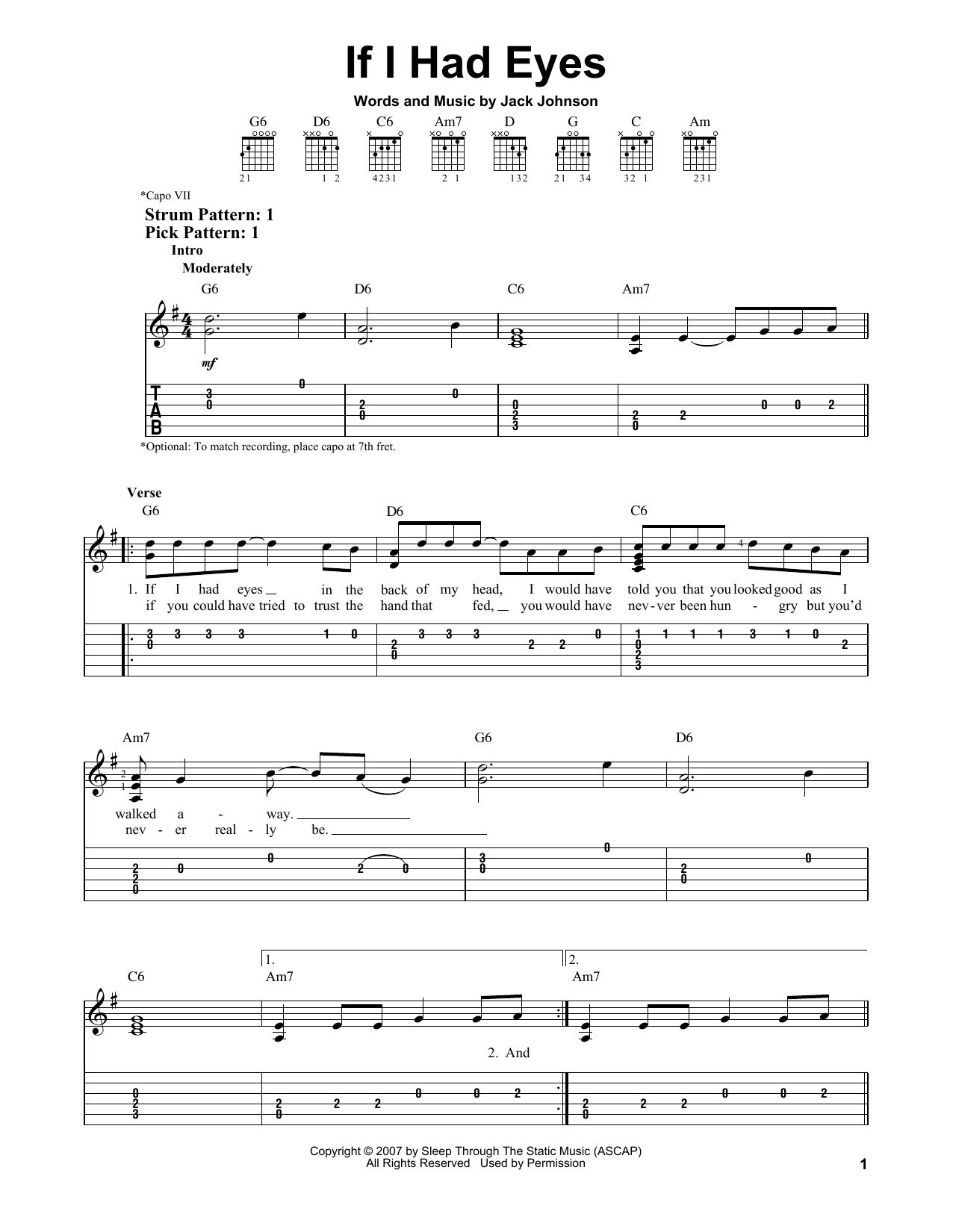 Jack Johnson If I Had Eyes sheet music notes and chords. Download Printable PDF.