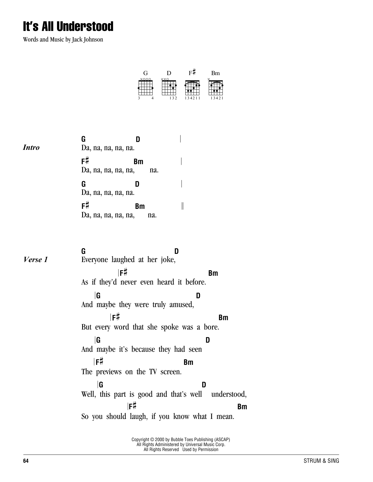 Jack Johnson It's All Understood sheet music notes and chords. Download Printable PDF.