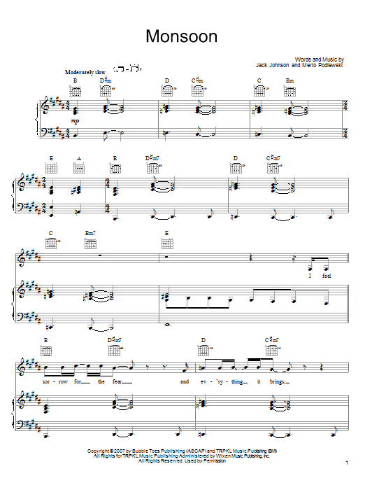 Learn to play Jack Johnson Monsoon sheet music for Piano, Vocal & Guitar Chords (Right-Hand Melody) in minutes. Price: 7.8900$ Jack Johnson Monsoon sheet music notes and chords arranged for Piano, Vocal & Guitar Chords (Right-Hand Melody)
