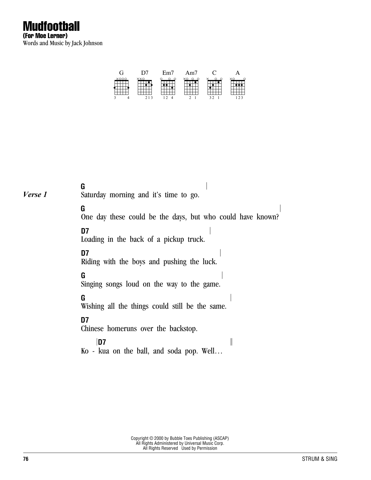 Jack Johnson Mudfootball (For Moe Lerner) sheet music notes and chords. Download Printable PDF.