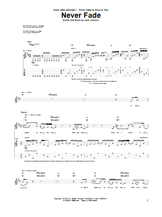 Jack Johnson Never Fade sheet music notes and chords arranged for Guitar Tab