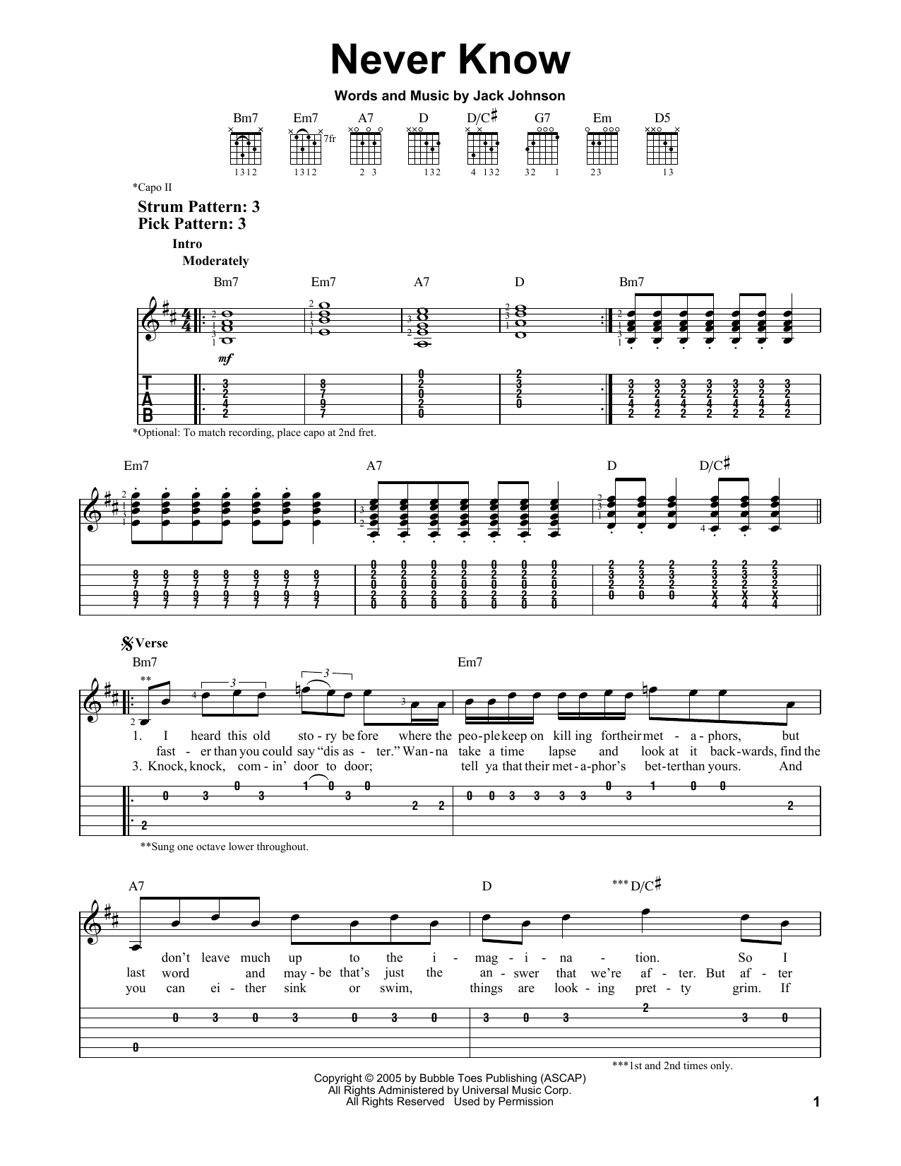 Jack Johnson Never Know sheet music notes and chords. Download Printable PDF.