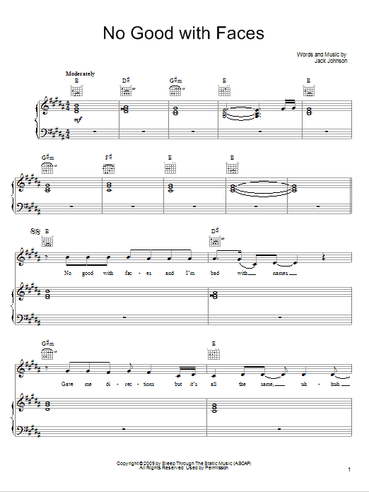 Jack Johnson No Good With Faces sheet music notes and chords arranged for Piano, Vocal & Guitar Chords (Right-Hand Melody)