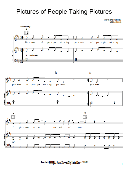 Learn to play Jack Johnson Pictures Of People Taking Pictures sheet music for Piano, Vocal & Guitar Chords (Right-Hand Melody) in minutes. Price: 7.8900$ Jack Johnson Pictures Of People Taking Pictures sheet music notes and chords arranged for Piano, Vocal & Guitar Chords (Right-Hand Melody)