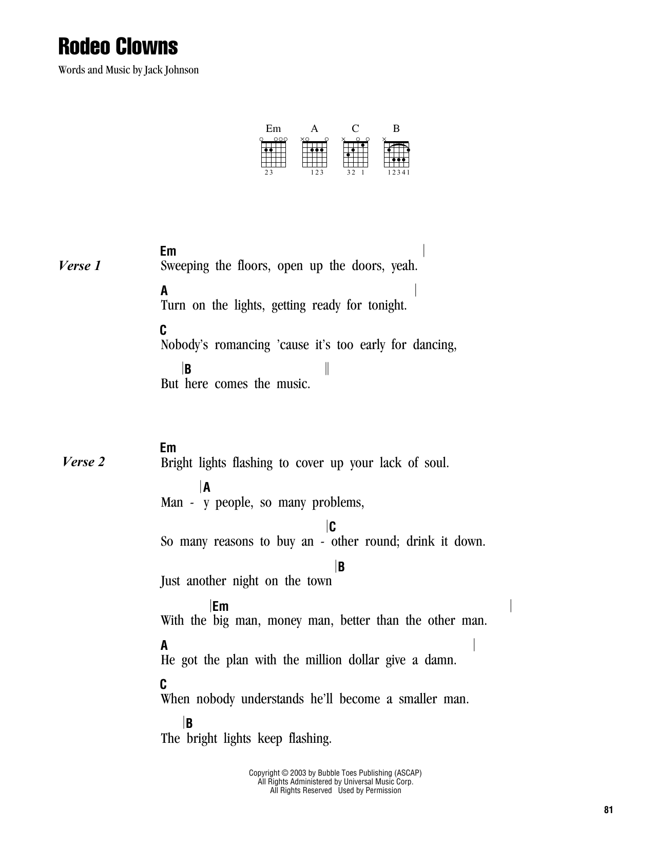 Jack Johnson Rodeo Clowns sheet music notes and chords. Download Printable PDF.