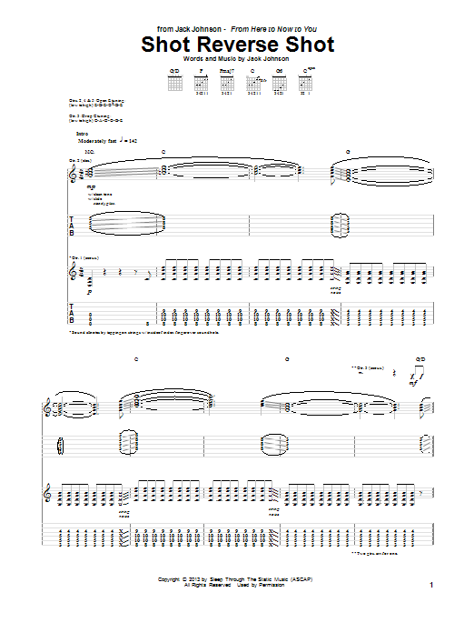 Learn to play Jack Johnson Shot Reverse Shot sheet music for Guitar Tab in minutes. Price: 7.8900$ Jack Johnson Shot Reverse Shot sheet music notes and chords arranged for Guitar Tab
