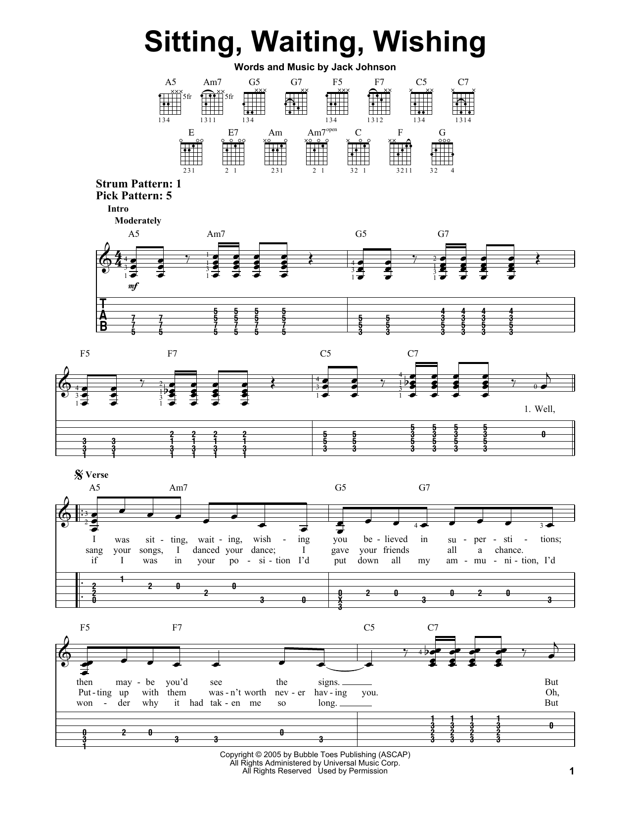 Jack Johnson Sitting, Waiting, Wishing sheet music notes and chords arranged for Guitar Tab (Single Guitar)