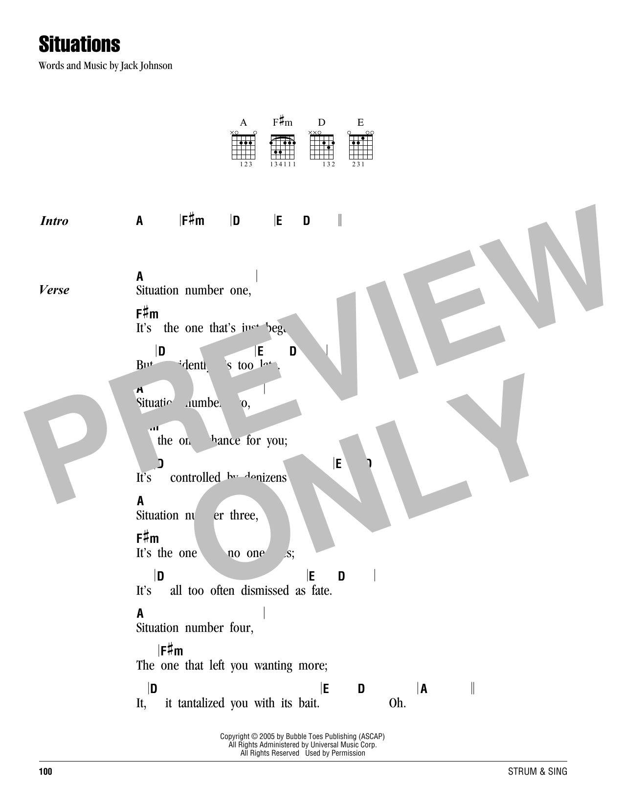 Jack Johnson Situations sheet music notes and chords. Download Printable PDF.