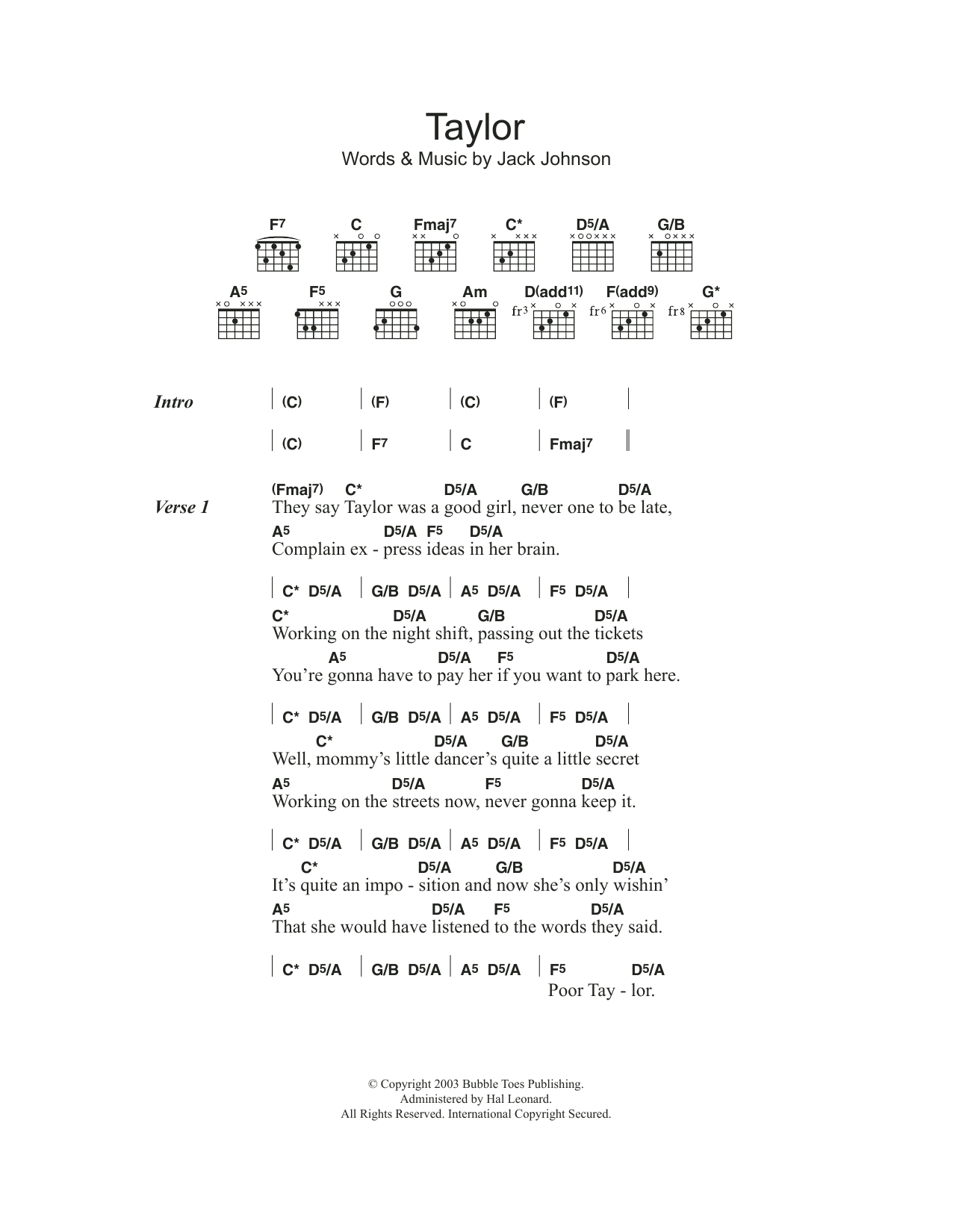 Jack Johnson Taylor sheet music notes and chords. Download Printable PDF.