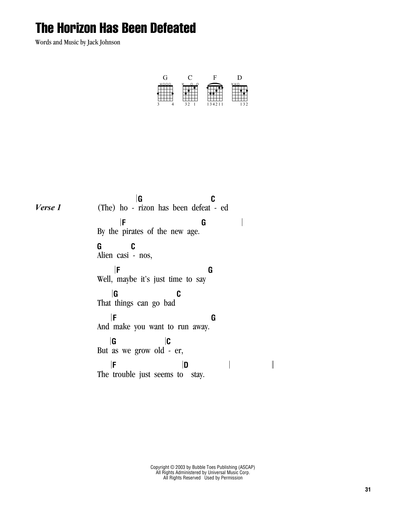 Jack Johnson The Horizon Has Been Defeated sheet music notes and chords. Download Printable PDF.