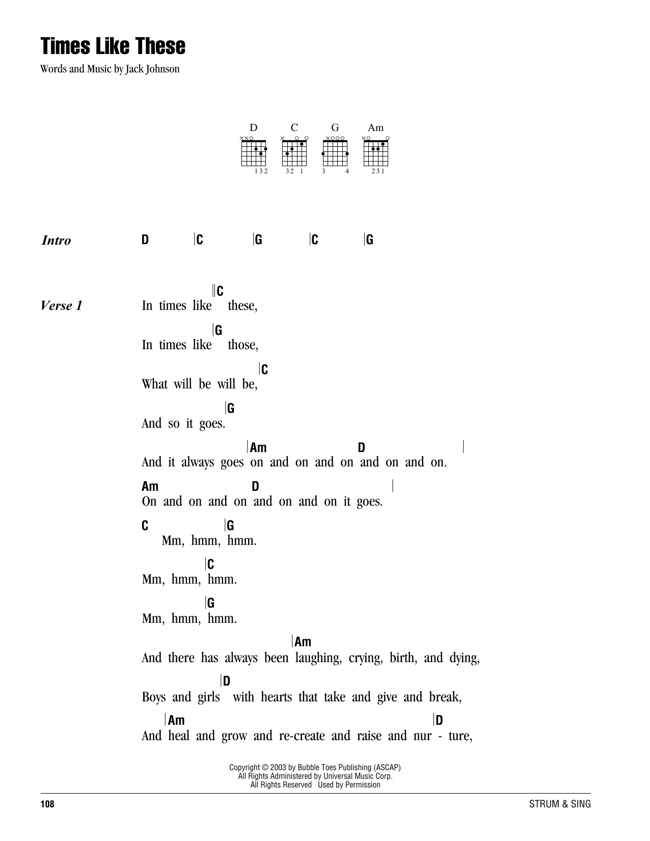 Jack Johnson Times Like These sheet music notes and chords. Download Printable PDF.