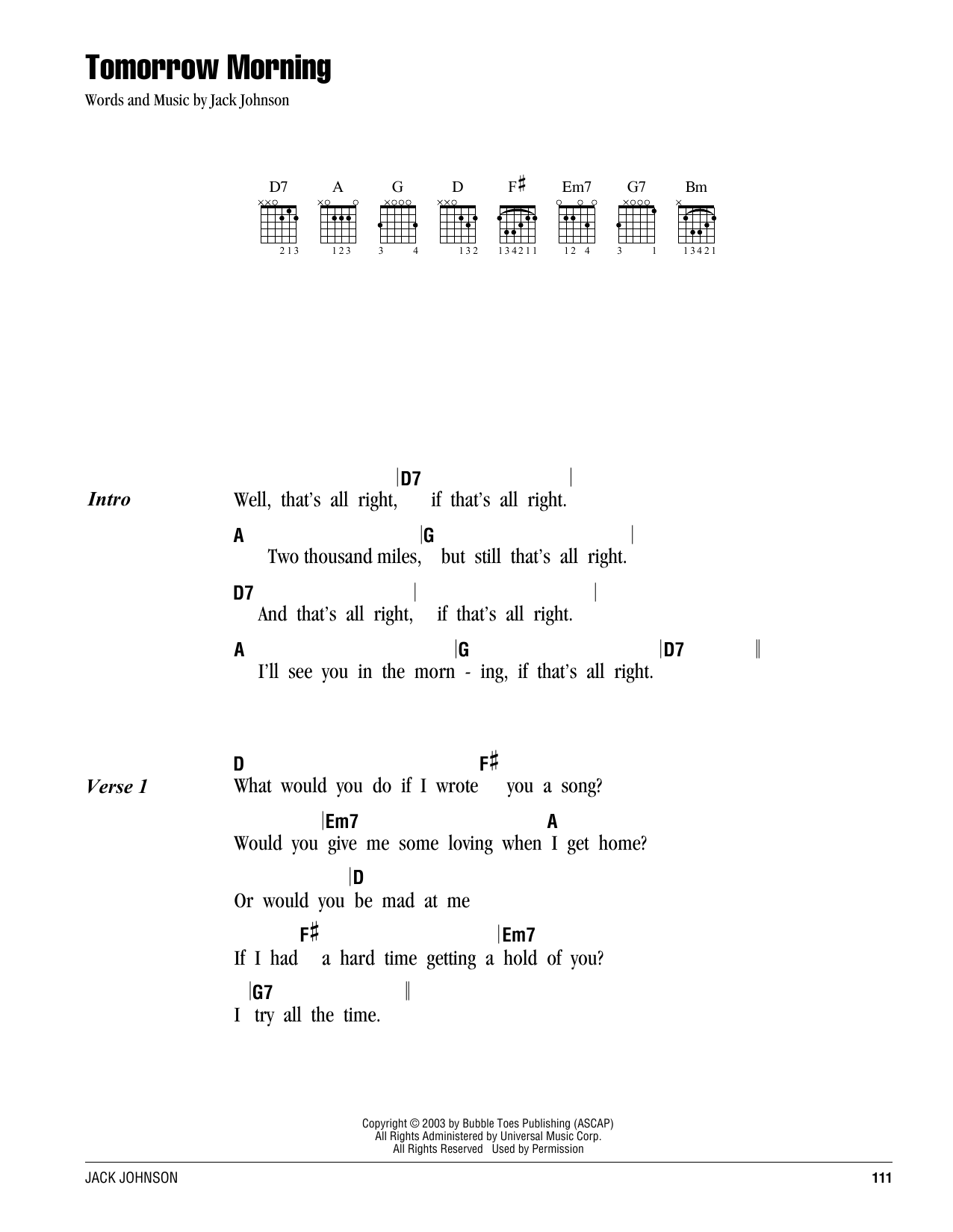 Jack Johnson Tomorrow Morning sheet music notes and chords. Download Printable PDF.