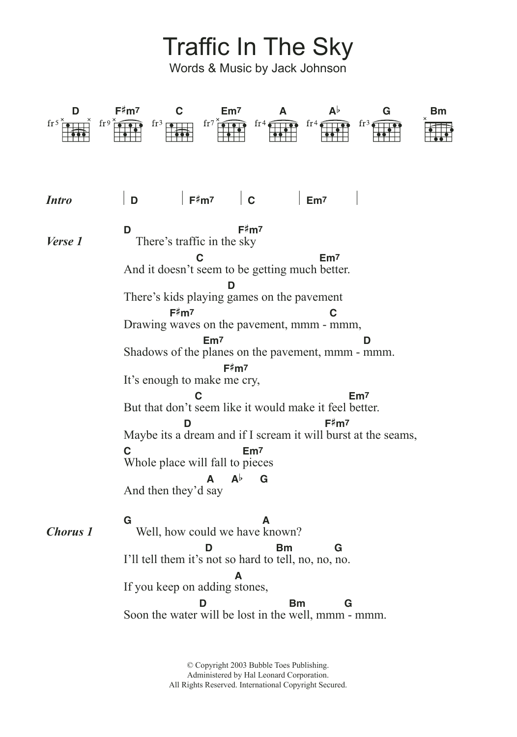 Jack Johnson Traffic In The Sky sheet music notes and chords. Download Printable PDF.