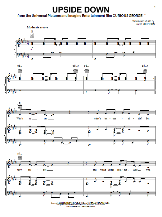 Jack Johnson Upside Down sheet music notes and chords. Download Printable PDF.