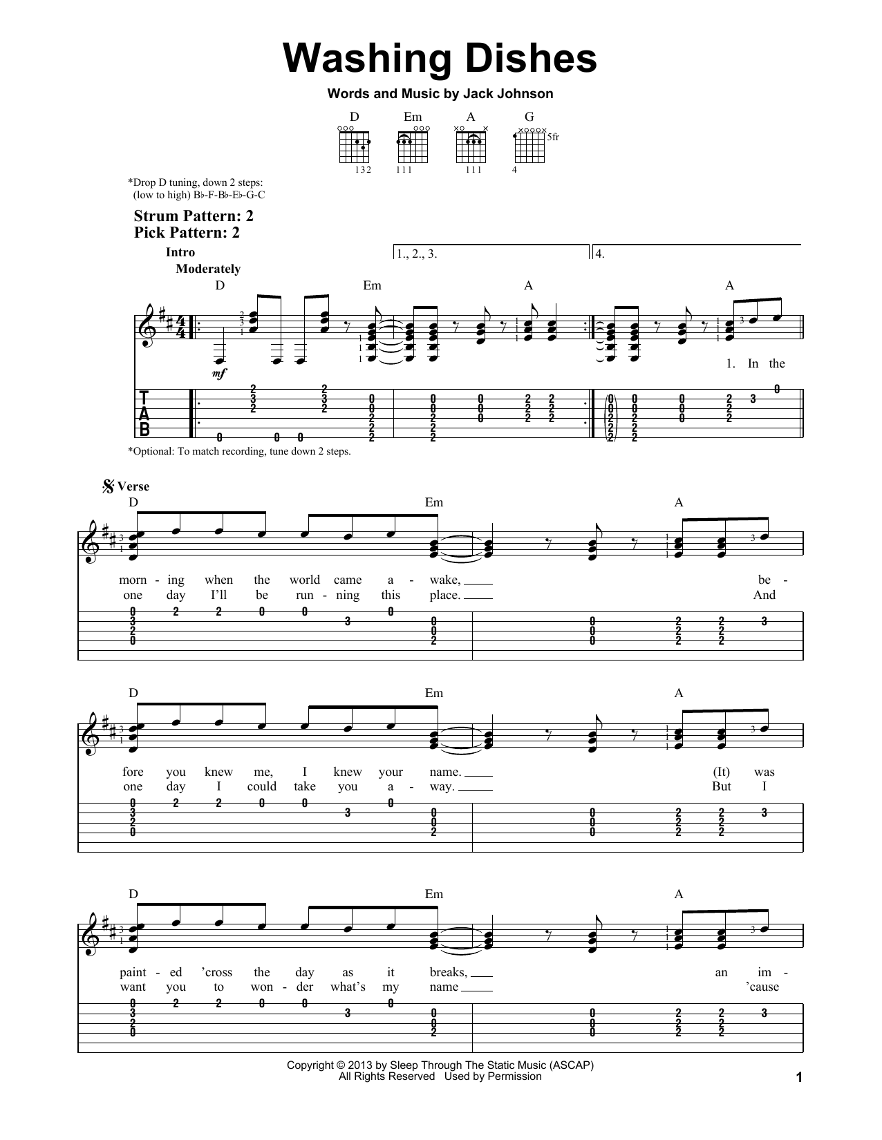 Jack Johnson Washing Dishes sheet music notes and chords. Download Printable PDF.