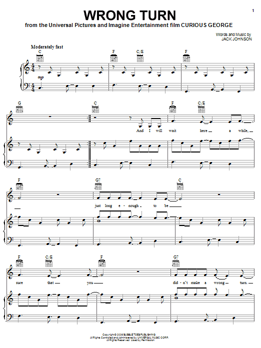 Learn to play Jack Johnson Wrong Turn sheet music for Guitar Tab in minutes. Price: 7.8900$ Jack Johnson Wrong Turn sheet music notes and chords arranged for Guitar Tab