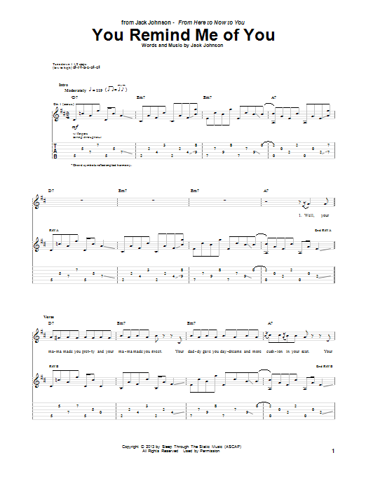 Learn to play Jack Johnson You Remind Me Of You sheet music for Guitar Tab in minutes. Price: 7.8900$ Jack Johnson You Remind Me Of You sheet music notes and chords arranged for Guitar Tab